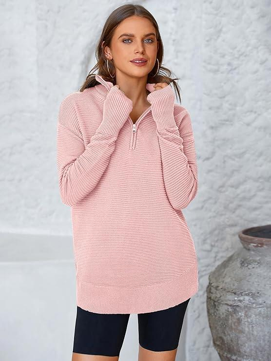 1e6e7aaf-e286-4ea9-acda-0de70797e757 Women’s Quarter Zip Ribbed Knit Pullover – Cozy Long Sleeve Sweater with Thumb Holes