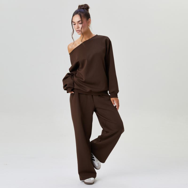 Women’s Cozy Two Piece Lounge Set – Off Shoulder Top & Wide Leg Trousers Co-ord