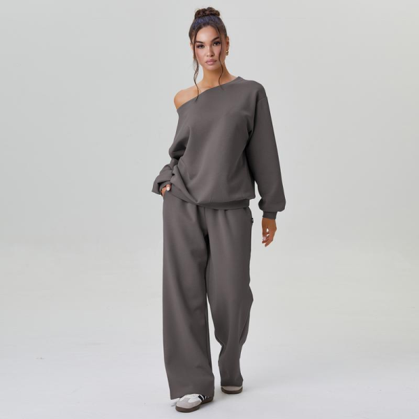 Women’s Cozy Two Piece Lounge Set – Off Shoulder Top & Wide Leg Trousers Co-ord