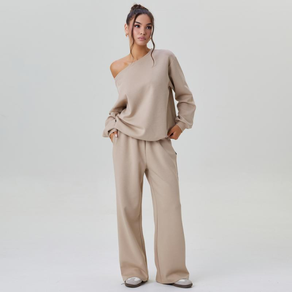 Women’s Cozy Two Piece Lounge Set – Off Shoulder Top & Wide Leg Trousers Co-ord