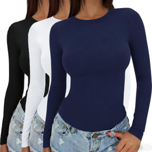 Women’s Long Sleeve Slim Fit Basic Top (3-Pack) – Round Neck Minimalist Undershirt for Everyday Layering