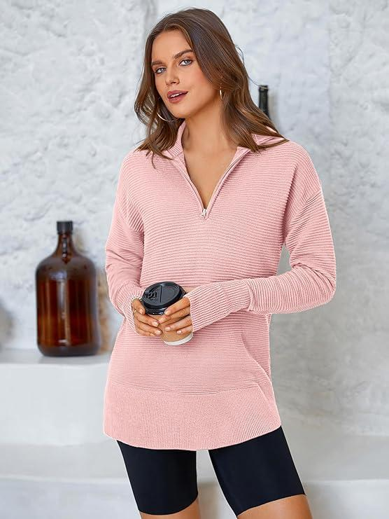 bf4474bd-5ef9-4fed-9334-676fd2dd876c Women’s Quarter Zip Ribbed Knit Pullover – Cozy Long Sleeve Sweater with Thumb Holes