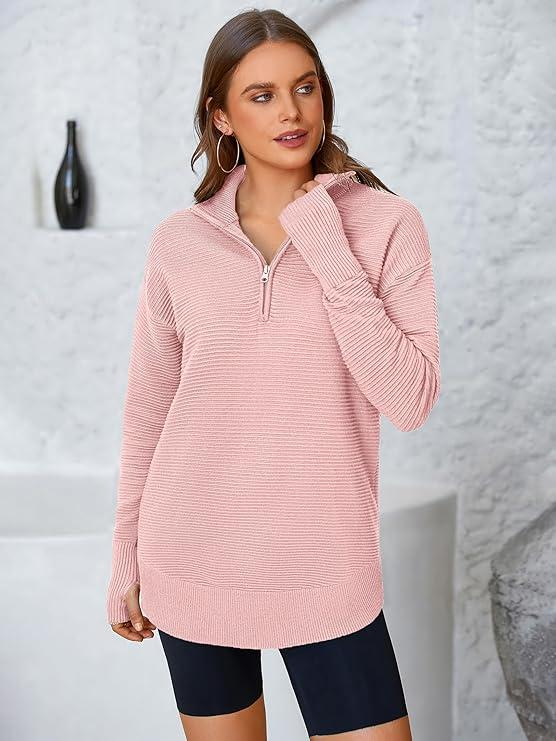 c8bbb5f8-83d3-4ce4-9b1d-867cee2da113 Women’s Quarter Zip Ribbed Knit Pullover – Cozy Long Sleeve Sweater with Thumb Holes