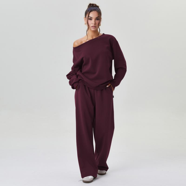 Women’s Cozy Two Piece Lounge Set – Off Shoulder Top & Wide Leg Trousers Co-ord