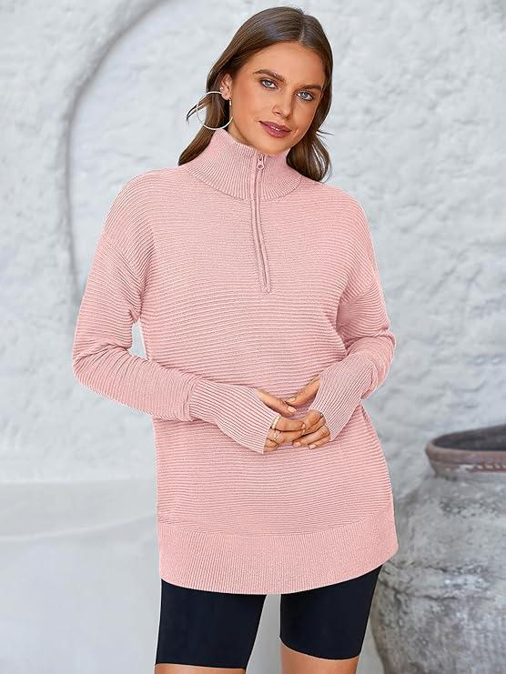 ed334596-f1c3-4ba5-ac86-c6e6fa87b104 Women’s Quarter Zip Ribbed Knit Pullover – Cozy Long Sleeve Sweater with Thumb Holes